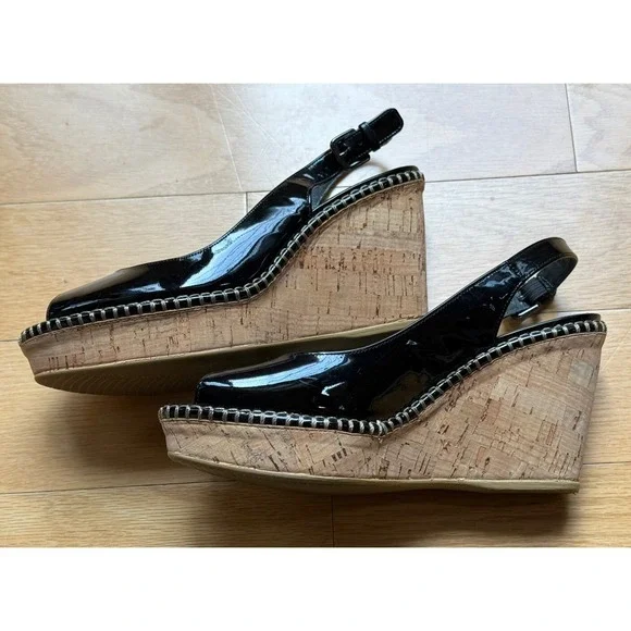 STUART WEITZMAN Wedge Womens 7 M Black Patent Leather Shoes Sling back Open Toe - Picture 4 of 9